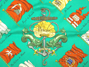 エルメス/カレ90 スカーフ 【PAVOIS（船旗）】/グリーン×マルチカラー 